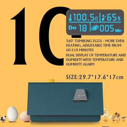 Automatic Egg Incubator for both hatching and brooding, image Display of the incubator's screen with the automatic humidity settings and an alarm alerting temperature or humidity changes