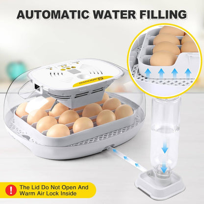 Automatic Egg Incubator for hatching, image shows its automatic water refill system