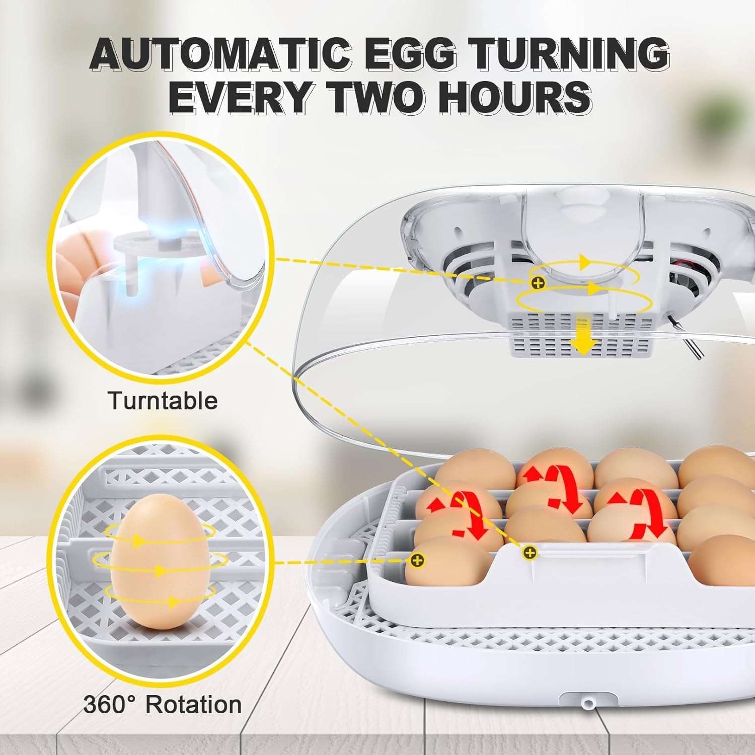 Automatic Egg Incubator for hatching, image shows its automatic egg turning system