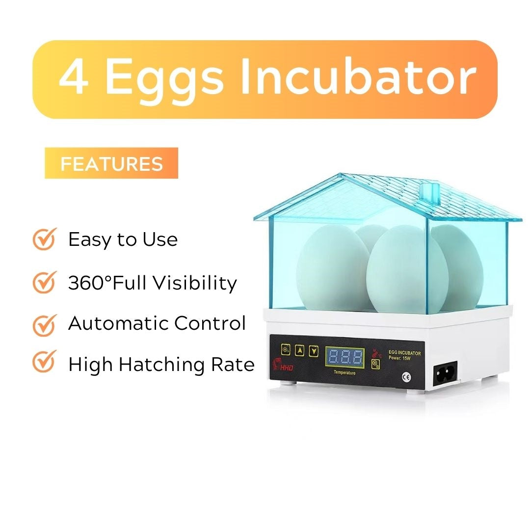 4 Eggs Mini Incubator, designed for poultry enthusiasts and hobbyists. This compact, user-friendly incubator is perfect for hatching a small batch of eggs, offering reliable performance and clear visibility throughout the entire process.