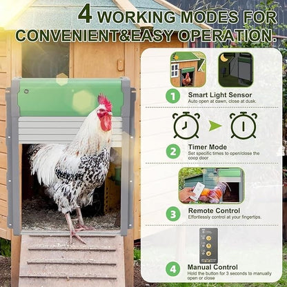 Solar Automatic Chicken Coop Door with smart auto stop function, weatherproof design, easy installation, timer mode, manual control and remote control features