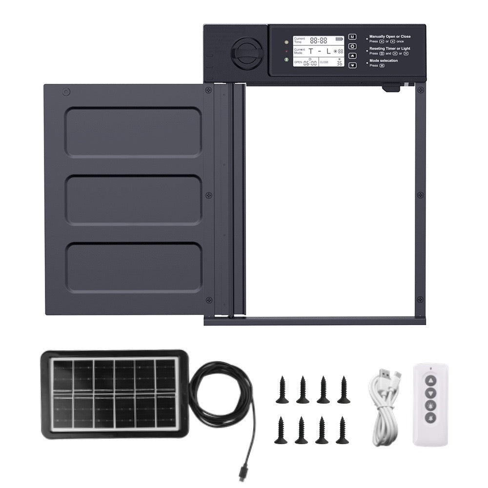 Complete package of the automatic chicken coop door, including the door unit, remote control, solar panel, USB Type-C cable, and battery.