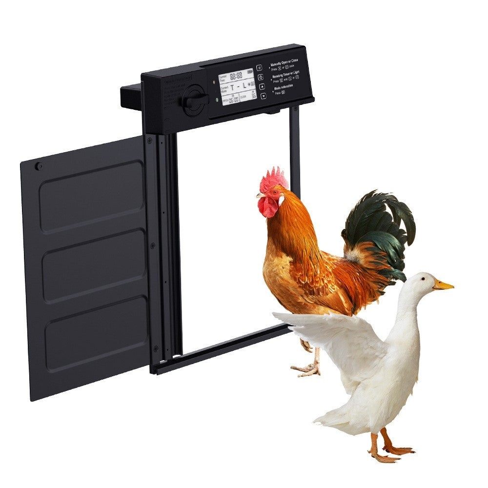 Close-up of the swing-opening mechanism on the automatic chicken coop door, designed to prevent pinching.