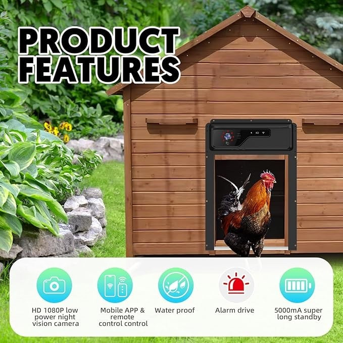 image listing product features of automatic chicken coop door with camera