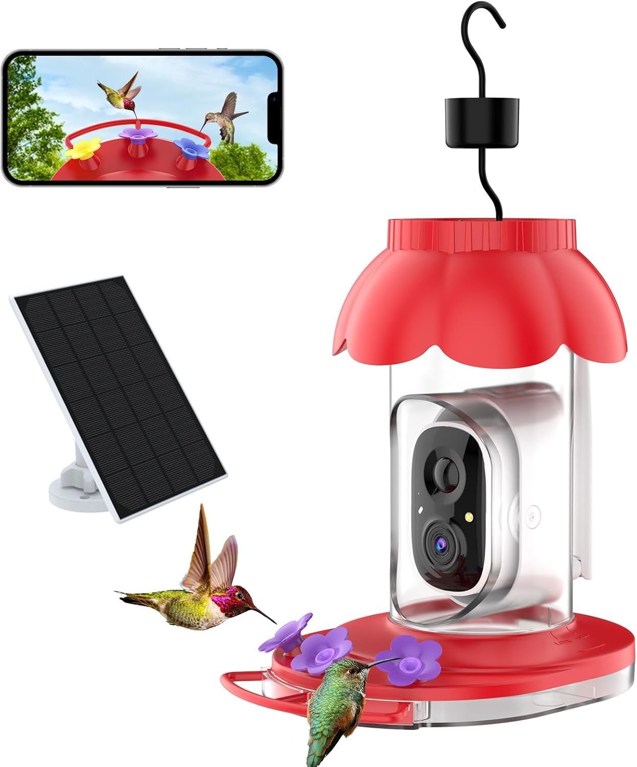 a red flower shaped design smart hummingbird feeder with camera and solar panel