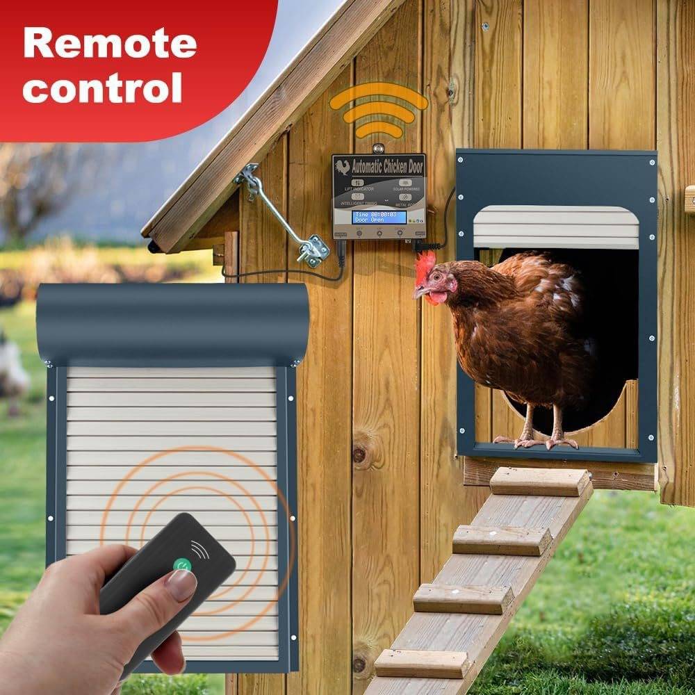 Solar Automatic Chicken Coop Door with smart auto stop function, weatherproof design, easy installation, timer mode, manual control and remote control features