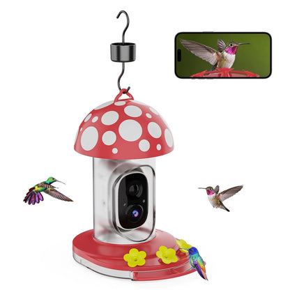 a mushroom shaped design smart hummingbird feeder with camera and solar panel