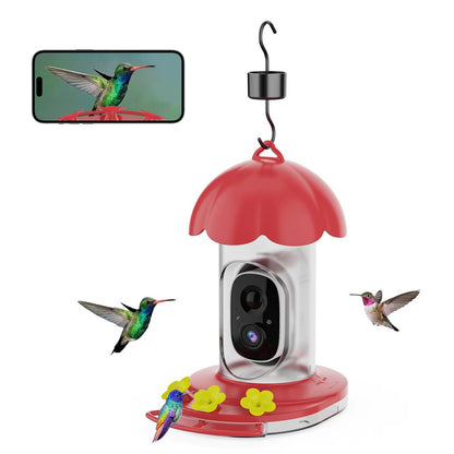 a red flower shaped design smart hummingbird feeder with camera and solar panel