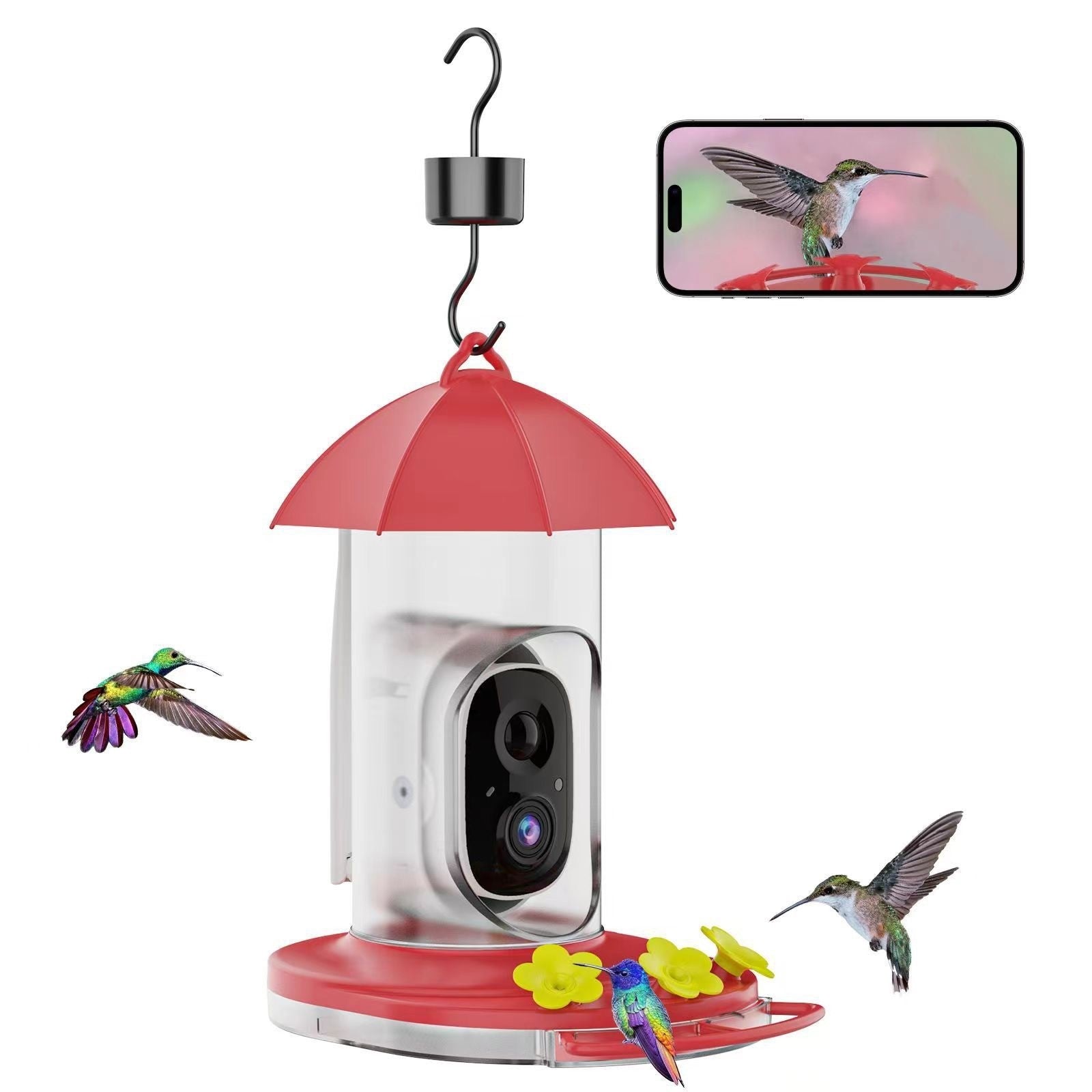 a red umbralla shaped design smart hummingbird feeder with camera